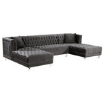 Meridian Furniture - Moda Velvet Upholstered 3-Piece Sectional, Gray - Grab a friend and get comfortable on this beautiful Moda grey velvet three-piece sectional sofa. This astounding sectional epitomizes luxurious living and features lots of room for the whole gang to get comfortable. Double chaise lounges on each end gives you space for stretching out for a quick cat nap, while deep tufting adds to the luxurious appeal of this unit. Acrylic lucite legs and a sturdy frame make this sectional a durable addition to your living room or den, while the included pillows give a homey slant to an otherwise uber contemporary sectional.