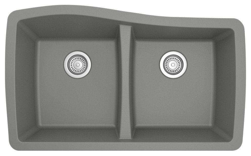 Karran Undermount Quartz 33" 50/50 Double Bowl Kitchen Sink, Grey