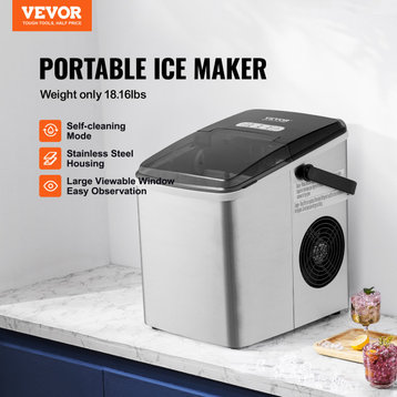 VEVOR Portable Countertop Ice Maker Self-Cleaning 26Lbs/24H w/Scoop Basket, Stainless Steel Shell