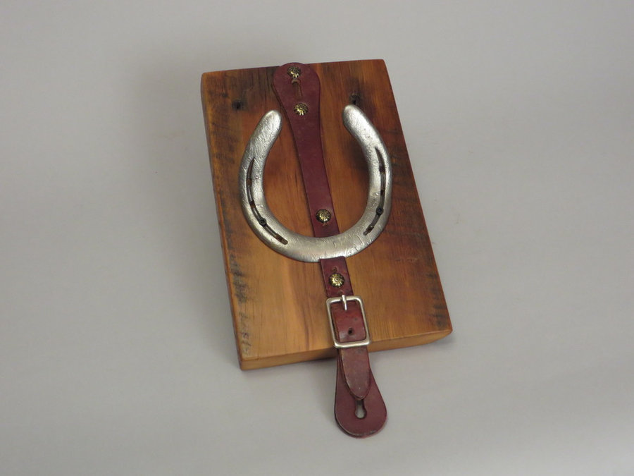 #R15038 Coat Rack Reclaimed Ambrosia Maple, horseshoes, leather.