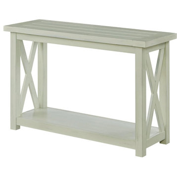 Cottage Console Table, X Shaped Sides With Plank Top & Lower Shelf, Weathered