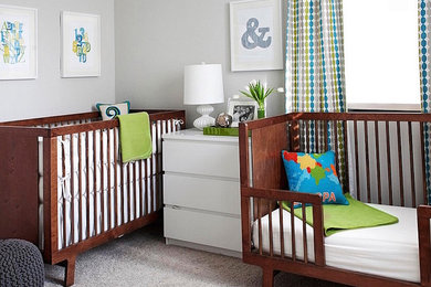 Inspiration for a mid-sized transitional gender-neutral carpeted and gray floor nursery remodel in Nashville with gray walls