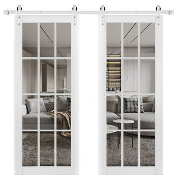 Double Barn Door 56 x 96 With Clear Glass, Felicia 3355 Matte White, 13FT Rail
