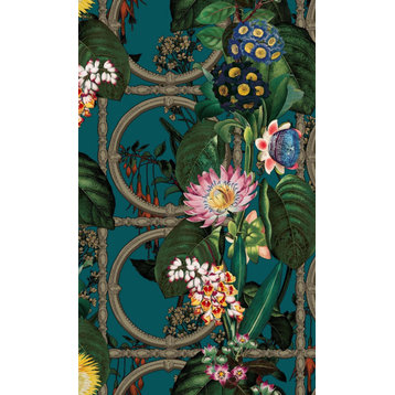 Flowers and Leaves Floral Wallpaper, 57Sq.ft Double Roll, Teal, Double Roll