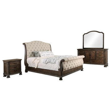 FOA Kai 4pc Natural Tone Wood Bedroom Set - Queen+Nightstand+Dresser+Mirror
