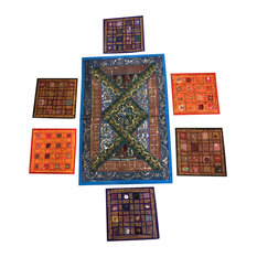 Consigned Boho Table Cover Vintage Patchwork Placemat Table Cloth Set, 7 Pieces