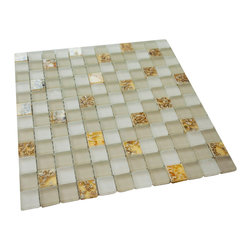 Matte White & Glossy Golden Sea Shells Glass Mosaic Tiles (Square Pattern) - Home Accessories & Decor