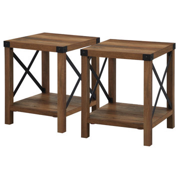 Set of 2 Rustic Side Table, X-Metal Sides With Lower Shelf, Reclaimed Barnwood