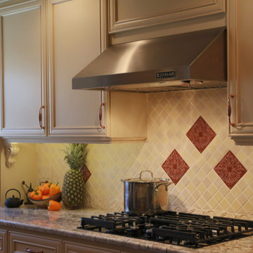 Traditional Tuscan Kitchen Remodel |Glazed Cabinets & Decorative Tile Backsplash