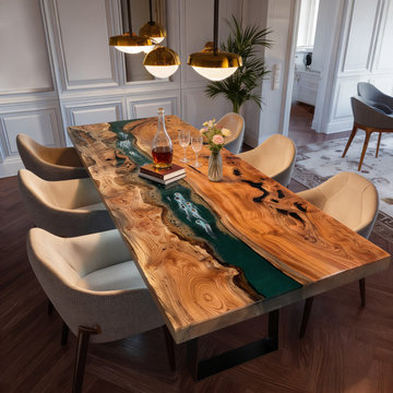 Olive Round Blue-Green River Epoxy Table: Where Organic Warmth Meets Flowing Art