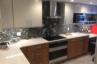Example of a mid-sized trendy l-shaped porcelain tile and gray floor enclosed kitchen design in Orlando with flat-panel cabinets, white cabinets, quartz countertops, gray backsplash, mosaic tile backsplash, stainless steel appliances and no island