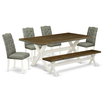 East West Furniture X-Style 6-piece Wood Dining Table Set in Linen White/Smoke