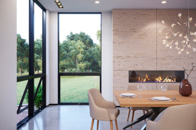 Minimalist white floor kitchen/dining room combo photo in Burlington with beige walls, a ribbon fireplace and a stone fireplace