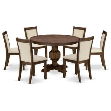 F3MZ7-NN-32 - Table and 6 Light Beige Linen Fabric Chairs - Antique Walnut Base