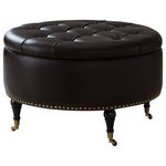 Inspired Home - Albina PU Leather Hidden Storage Tufted with Nailhead Trim Ottoman, Espresso - Our PU leather ottoman adds a contemporary yet reserved touch to your living room or home office. Featuring supple PU leather with button tufting and contrasting goldtone nailhead trim, the comfort of a high density foam cushioned seat that doubles as a removable lid for a hidden storage compartment, rich wood legs with casters for ease of use. This sophisticated accent piece provides not only dual functionality but also a focal point of style and flair that seamlessly incorporates your main decor to create an inviting and comfortable atmosphere to come home to.FEATURES: