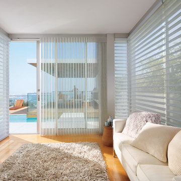 Coastal White Living Room Custom Window Shadings by Hunter Douglas