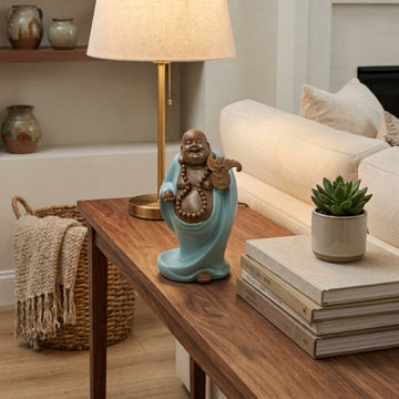 Joyful Laughing Buddha Light Celadon Robe Ceramic Coin Bat Ru Yi Figure GB873