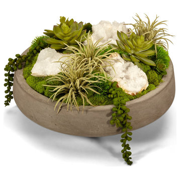 Artificial Succulents and Quartz in Concrete Bowl, White