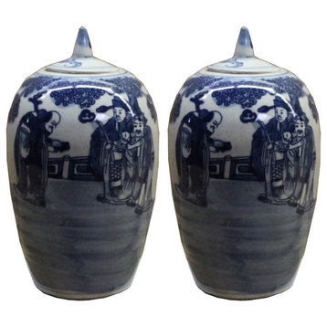 Lot of 2 Blue White Small Oriental Graphic Porcelain Point Lid Jars Hws108