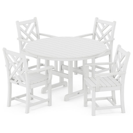 Polywood Chippendale 5-Piece Round Farmhouse Arm Chair Dining Set, White