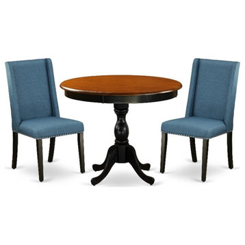 AMFL3-BCH-21 - Kitchen Table and 2 Blue Linen Fabric Chairs - Black Finish