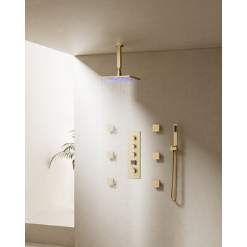 Digital Shower System LED 12" Rain Shower Head with 4-Way Thermostatic Faucet, Brushed Gold