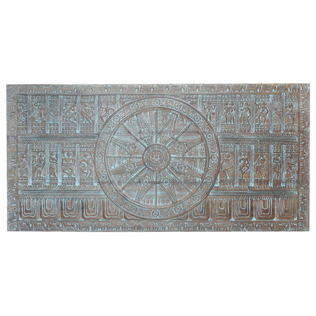 Consigned Vintage Headboard Carved Sun Temple Wall Sculpture Wall Decor 72