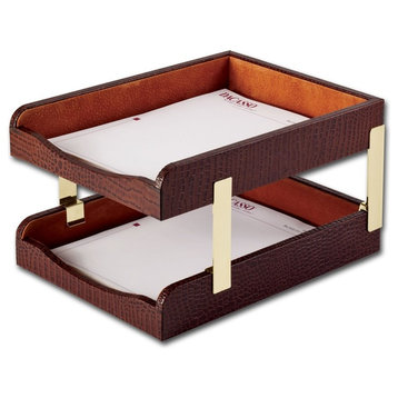 A2020 Brown Crocodile Embossed Leather Double Letter Trays