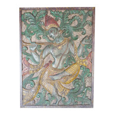 Mogulinterior - Consigned Krishna Carved Vintage Fluting Krishna Under Wish Tree Wall Panel - Wall Accents