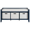 Storage Bench, Hardwood Frame With Rectangular Top & 3 Baskets, Navy Blue/Cream