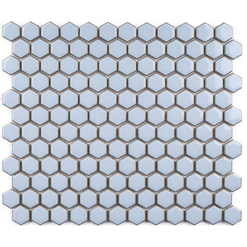 JAPM White Polished Tiny Hexagon Porcelain Mosaic Tile, Blue