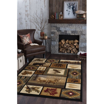 Northern Wildlife Novelty Lodge Pattern Multicolor Rectangle Area Rug, 5'x7'