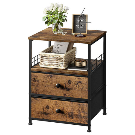 Nightstand/Bedside Table with Fabric Drawers and Open Wood Shelf Storage, Brown