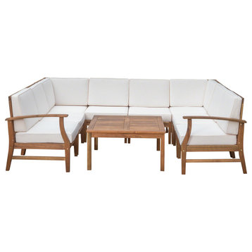 GDF Studio Scarlett Outdoor 8-Seater Acacia Wood Sectional Sofa and Table Set, Cream