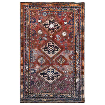 Pure Wool Purple Handknotted Persian Shiraz Bohemian Sheared Low Rug 4'2" x 6'3"