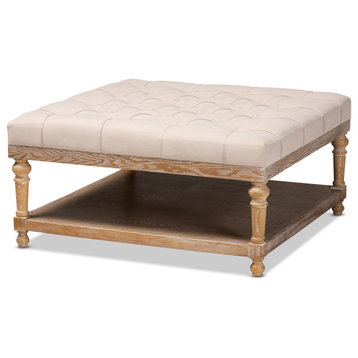 Leavenworth Beige Linen Cocktail Ottoman With Antiqued Finish