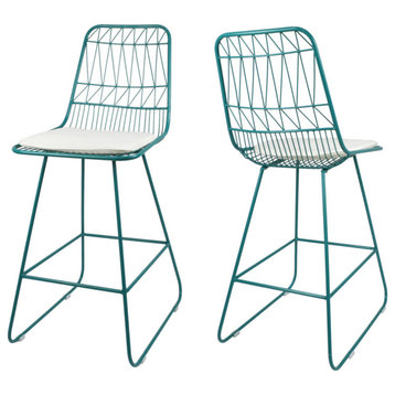 Hedy Outdoor Wire Counter Stools with Cushions, Set of 2, Teal Finish/Ivory