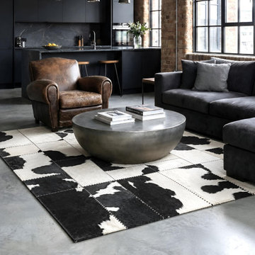 Modern Industrial Interior – Black & White Cowhide Patchwork Rug