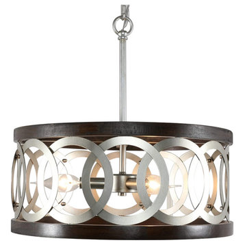 Wood and Silver Chrome Chandelier Farmhouse Circle Hanging Pendant Lamp