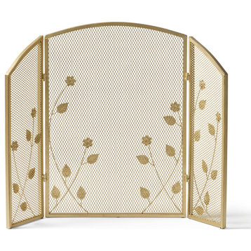Jenna Modern Iron Fire Screen With Leaf Accents, Gold Finish