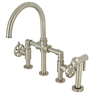 KS2338RX Belknap Bridge Kitchen Faucet With Brass Sprayer, Brushed Nickel
