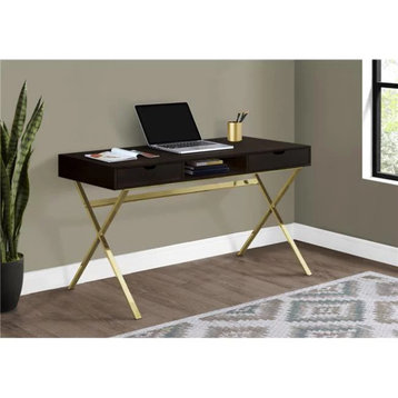 Contemporary Desk, X-Shaped Golden Legs & Drawers With Cut Out Pulls, Black
