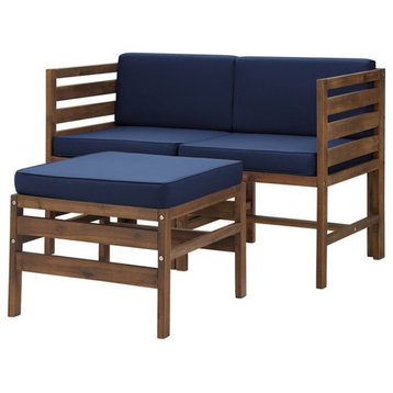 Modular Acacia Patio Arm Chairs and Ottoman - Dark Brown/Navy Blue