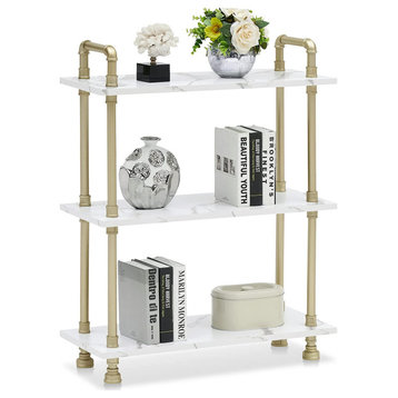White Marble Wood Bookcase with Gold Metal Pipe Frame