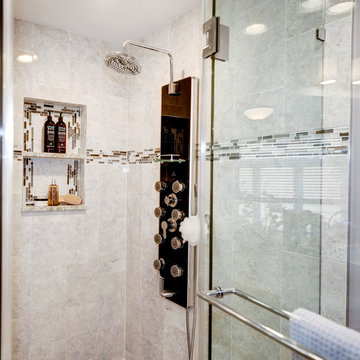 Elegant Master Bathroom Remodel with Quartz-Granite Hybrid Vanity and Spa Shower
