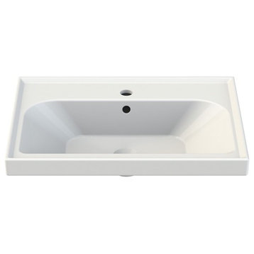 Rectangle White Ceramic Wall Mounted or Self Rimming Sink, White, One Hole