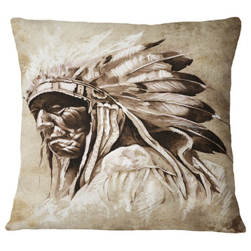Vintage Style Indian Head Tattoo Abstract Throw Pillow, 18"x18"