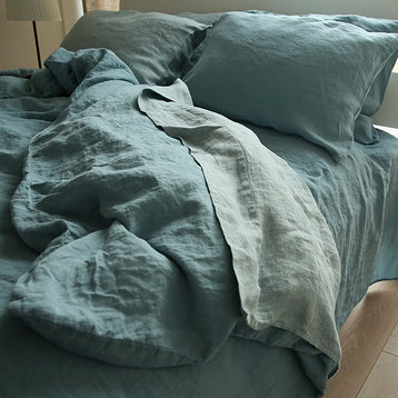 Stone Washed Rhomb Bed Linen Flat Sheet, Stone Blue, Twin