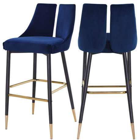 Sleek Velvet Upholstered Bar Stools With Matte Black Metal Legs (Set of 2), Navy