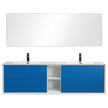 Eviva Vienna 75" Blue With White Frame Wall Mount Double Sink Bathroom Vanity